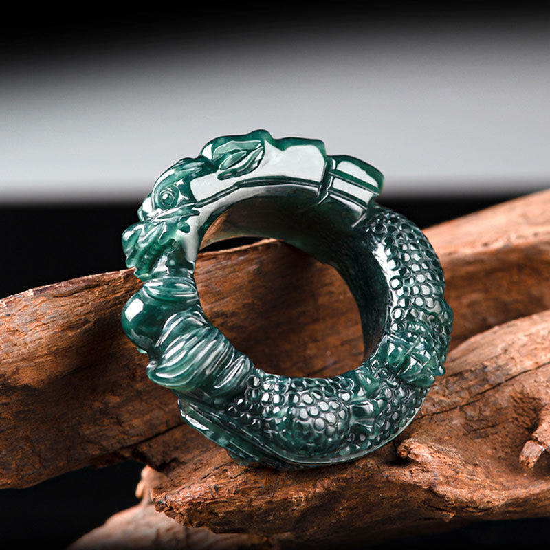 Buddha Stones Natural Cyan Jade Dragon Carved Success Ring - image 3