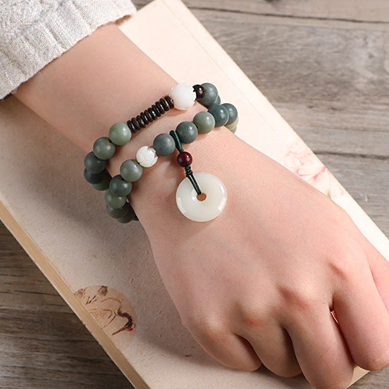 Buddha Stones Cyan Bodhi Seed Lotus Jade Peace Buckle Wisdom Double Wrap Bracelet - image 5