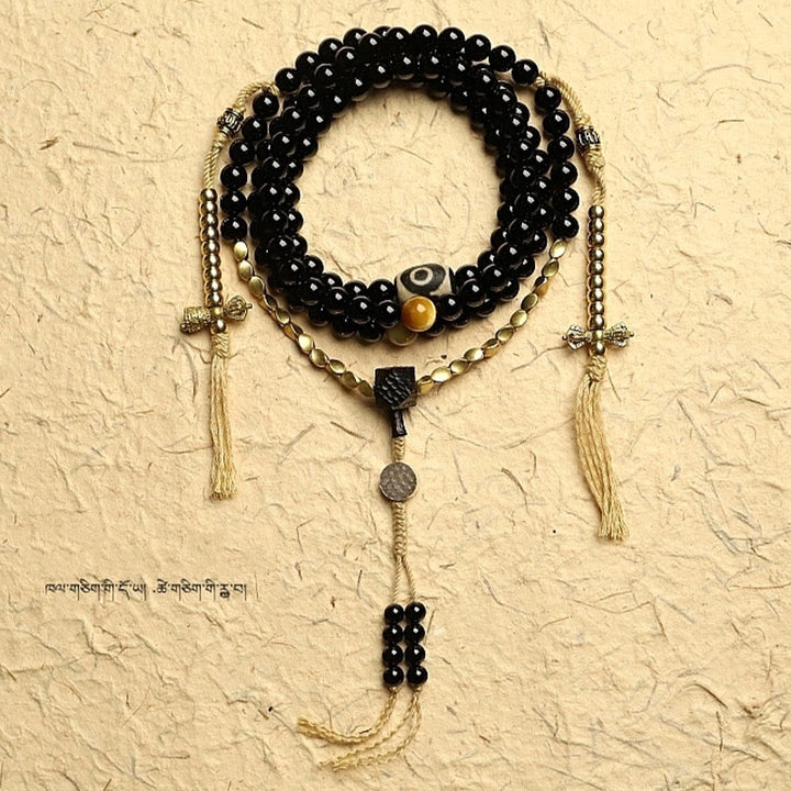 Buddha Stones Tibetan 108 Mala Beads Black Onyx Three-eyed Dzi Beads Protection Bracelet - image 10