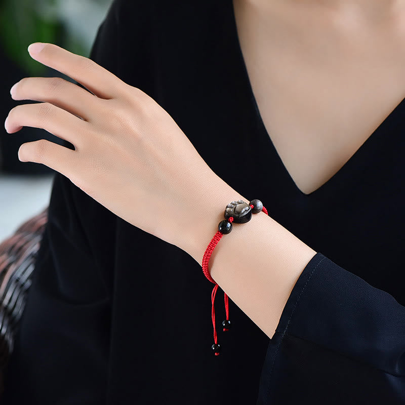 Buddha Stones Natural Silver Sheen Obsidian Gold Sheen Obsidian Cute Cat Paw Claw Protection Rope Bracelet - image 3