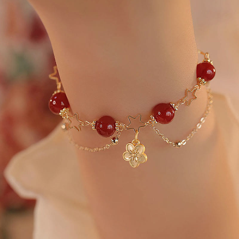 Buddha Stones 14k Gold Plated Red Agate Star Flower Charm Calm Bracelet - image 8
