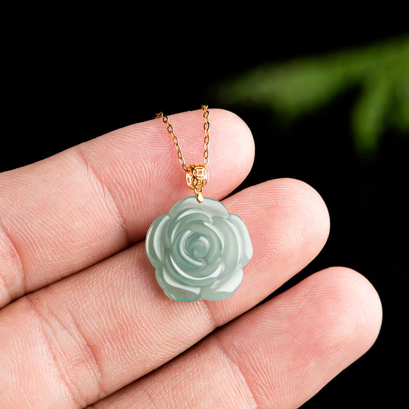 Buddha Stones Natural Jade Rose Luck Necklace Titanium Steel Chain Pendant - image 5