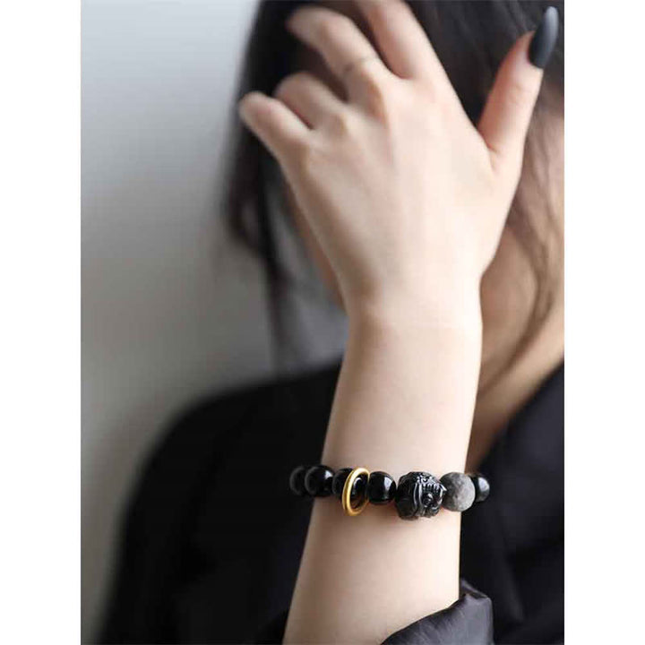 Buddha Stones Black Obsidian Silver Sheen Obsidian Lion Strength Bracelet - image 6