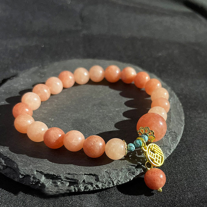 Buddha Stones Natural Orange Stone Turquoise Fu Character Charm Luck Fortune Bracelet - image 11