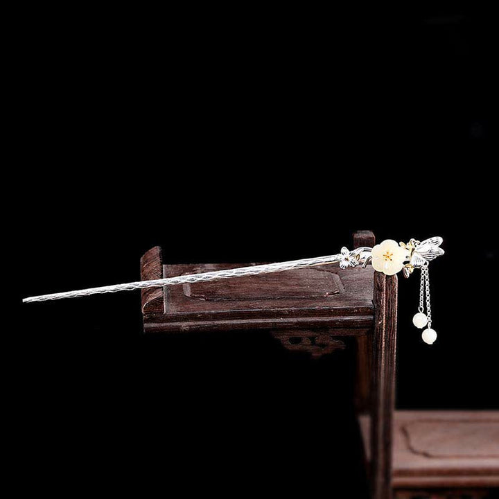 Buddha Stones 925 Sterling Silver Hetian White Jade Flower Blessing Hairpin - image 1