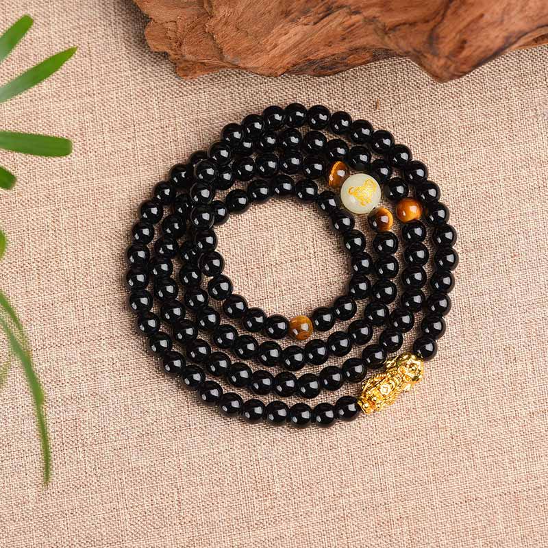 Buddha Stones Chinese Zodiac Obsidian PiXiu Protection Mala Bracelet - image 2