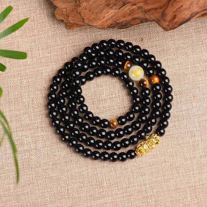 Buddha Stones Chinese Zodiac Obsidian PiXiu Protection Mala Bracelet - image 2