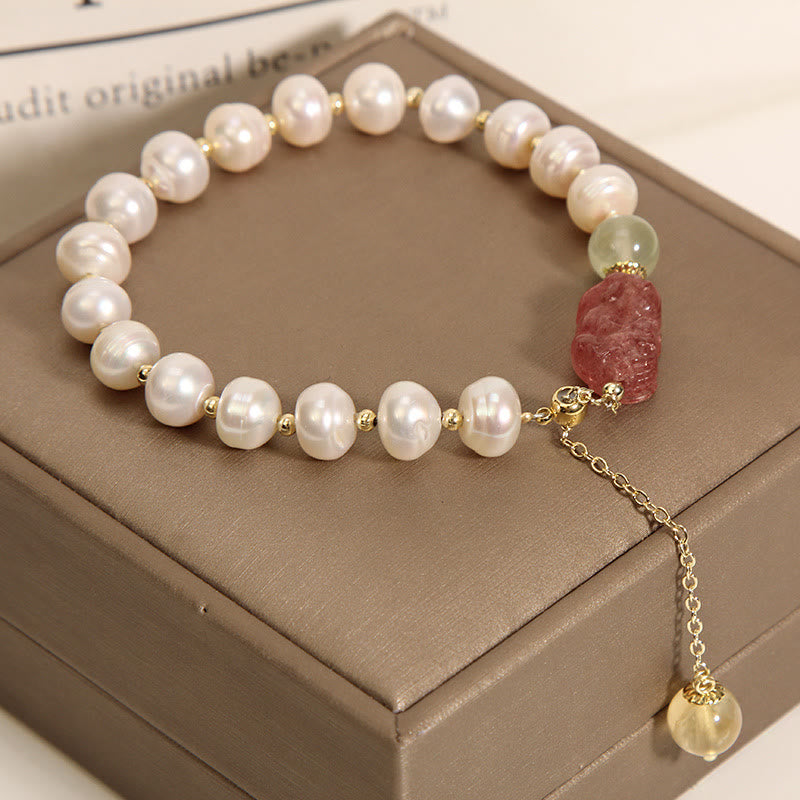 Buddha Stones Natural Pearl Strawberry Quartz PiXiu Optimism Charm Bracelet - image 2