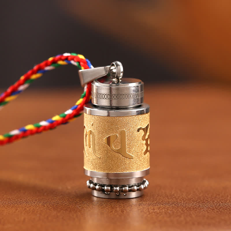 Buddha Stones Tibet Om Mani Padme Hum Shurangama Mantra Titanium Steel Wisdom Amulet Necklace Pendant - 1.4*2.4cm - Gold - Colorful String - image 18