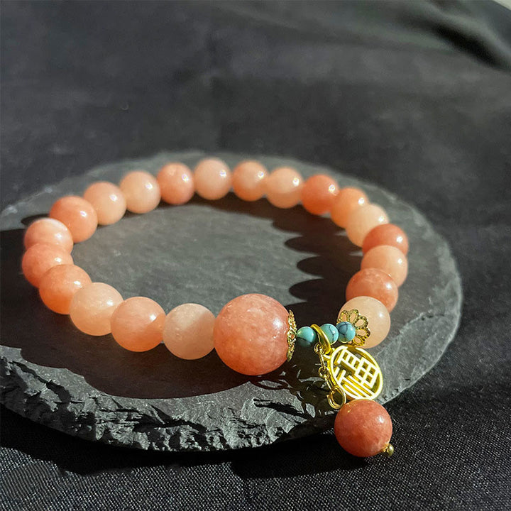 Buddha Stones Natural Orange Stone Turquoise Fu Character Charm Luck Fortune Bracelet - image 9