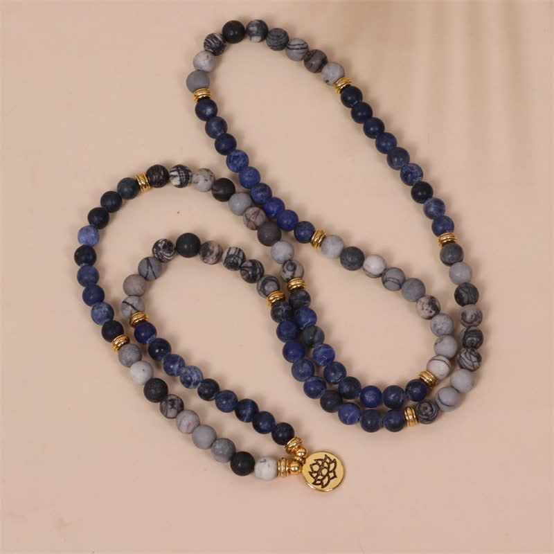 Buddha Stones 108 Mala Beads Sodalite Zebra Jasper Crystal Lotus Strength Bracelet - image 3