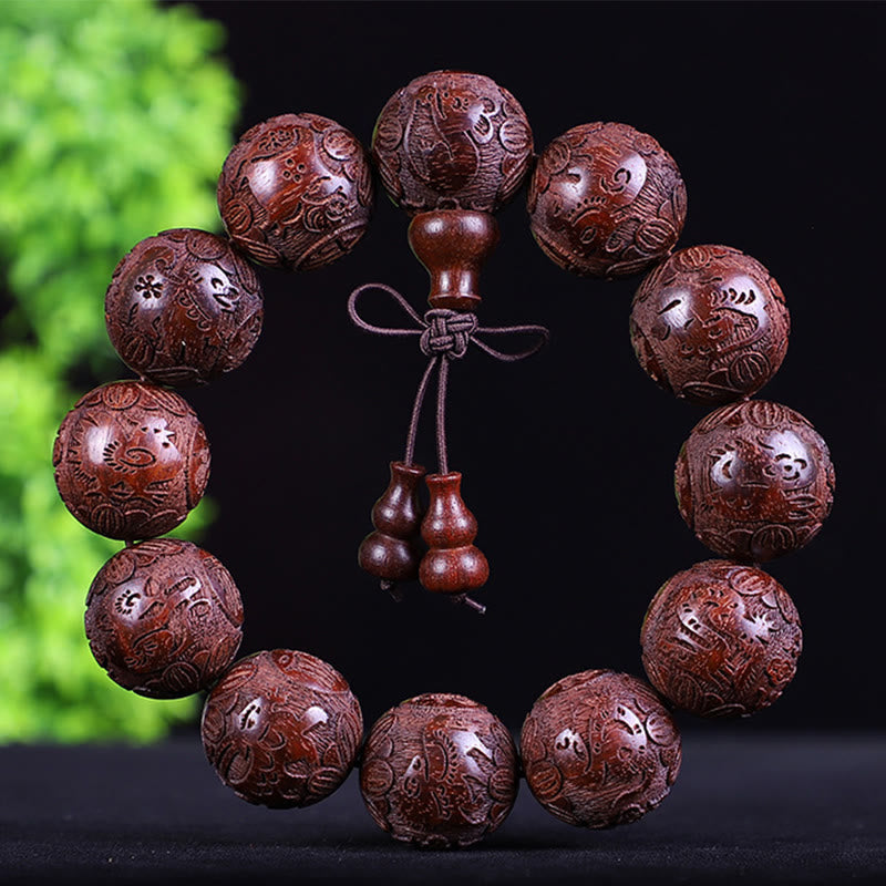 Buddha Stones Chinese Zodiac Rosewood Ebony Copper Coin PiXiu Carved Warmth Bracelet - Red Sandalwood 12 Zodiac - image 19
