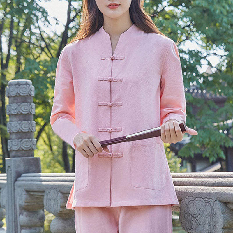 Buddha Stones Spiritual Zen Practice Yoga Meditation Prayer Uniform Cotton Linen Clothing Women's Set - Pink - US18，UK/AU22，EU50 (6XL) - image 2