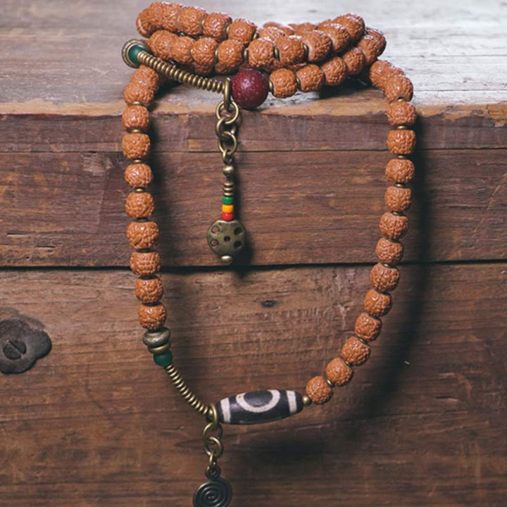 Buddha Stones 108 Mala Rudraksha Beads Bodhi Seed Dzi Bead Luck Auspiciousness Tassel Bracelet - image 1
