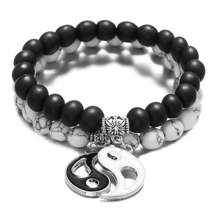 Buddha Stones 2pcs Natural Black Onyx White Turquoise Bead Yin Yang Couple Bracelet - image 0