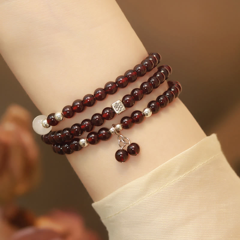 Buddha Stones 925 Sterling Silver Natural Garnet Cat Eye Protection Triple Wrap Bracelet - 18cm - image 0