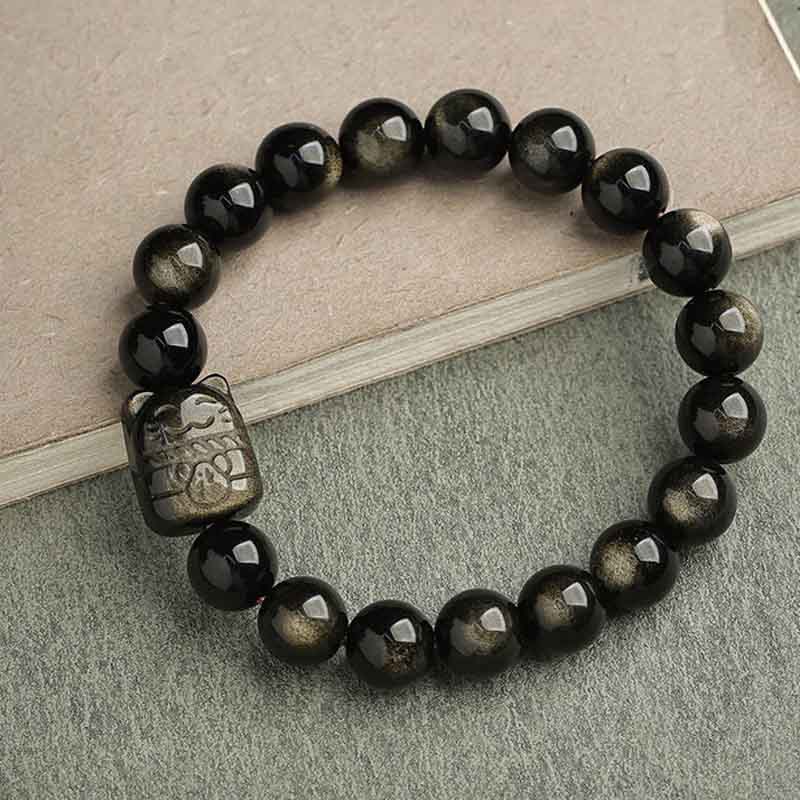Buddha Stones Gold Sheen Obsidian Silver Sheen Obsidian Lovely Paw Lucky Cat Protection Bracelet - Gold Sheen Obsidian - Lucky Cat - 10mm - image 24