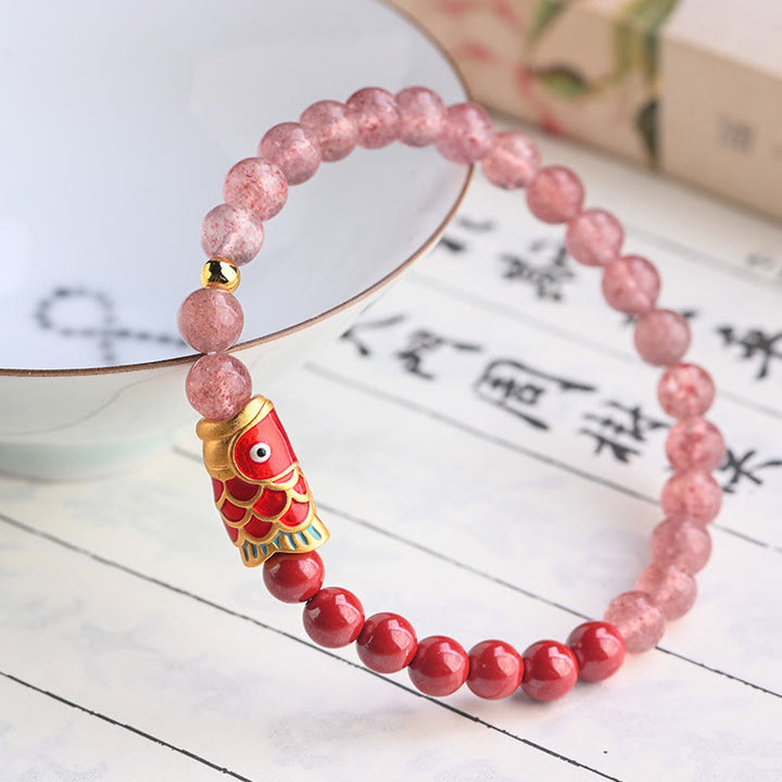 Buddha Stones Natural Strawberry Quartz Cinnabar Lucky Koi Fish Healing Bracelet - image 2