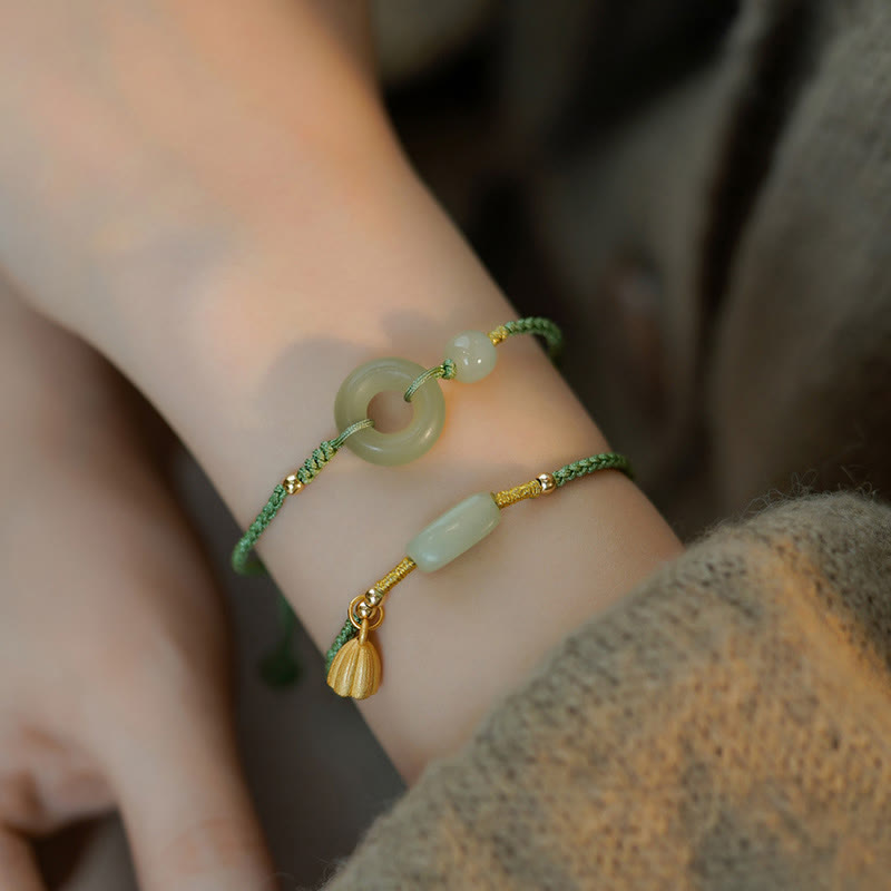 Buddha Stones Lotus Jade Peace Buckle Bead Luck Happiness Charm String Bracelet - image 4