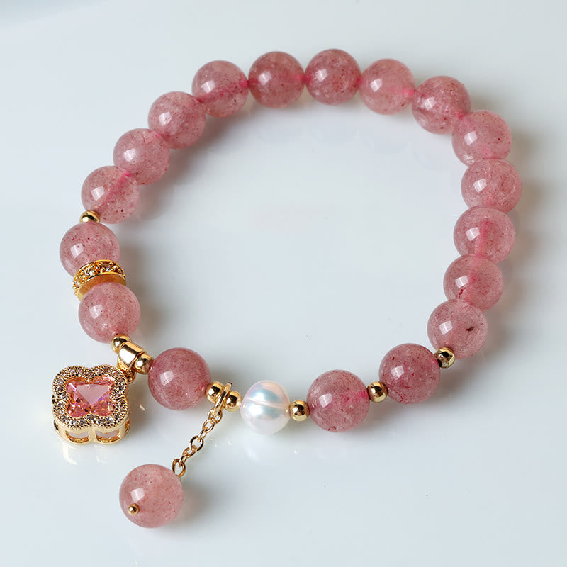 Buddha Stones Strawberry Quartz Pearl Four Leaf Clover Charm Healing Bracelet - image 2