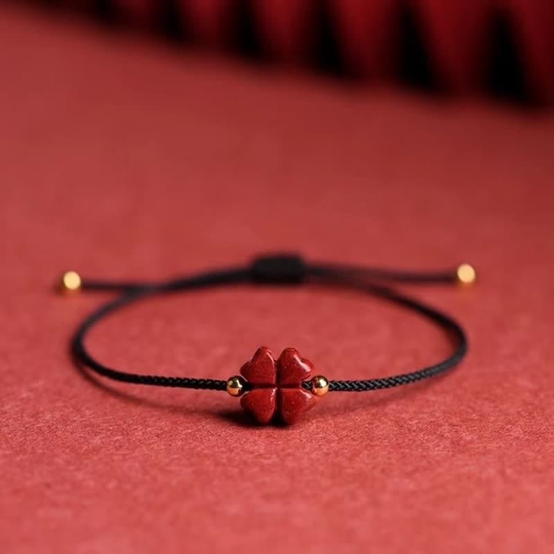 Buddha Stones Natural Cinnabar Four Leaf Clover Blessing Red String Bracelet Anklet - Black - Anklet(Anklet Circumference 21-27cm) - With Golden Bead - image 16