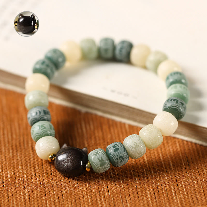 Buddha Stones Bodhi Seed Silver Sheen Obsidian Cat Head Om Mani Padme Hum Engraved Harmony Bracelet - image 8