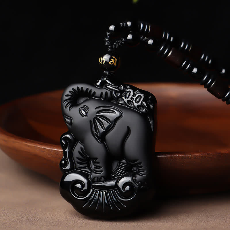 Black Obsidian Elephant Protection String Necklace Pendant Key Chain - Black Obsidian Bead Necklace - image 0