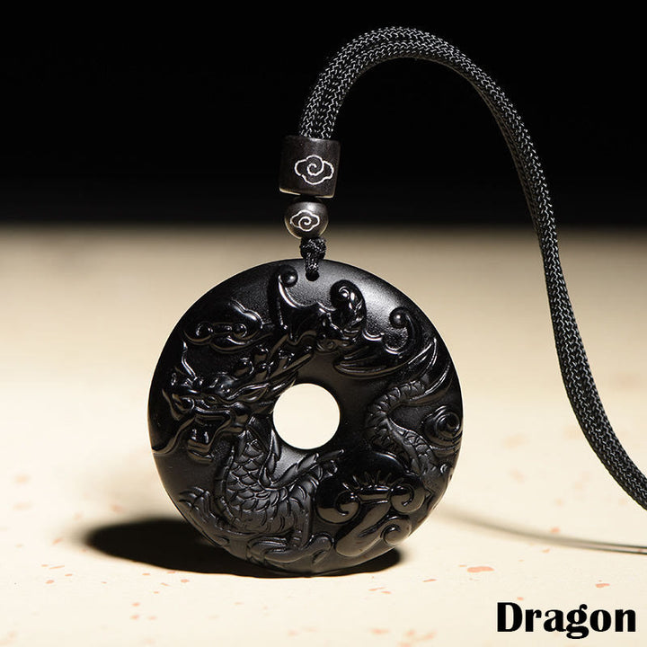 Buddha Stones Chinese Zodiac Natural Black Obsidian Peace Buckle Strength Necklace Pendant - Dragon - image 15