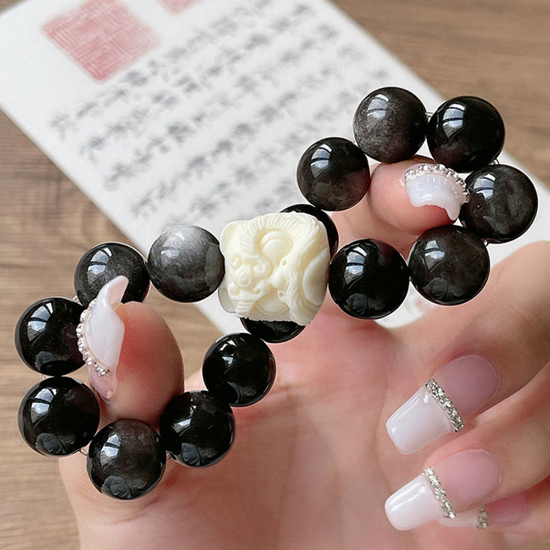 Buddha Stones Silver Sheen Obsidian Bodhi Seed Ivory Fruit Dancing Lion Protection Bracelet - image 7