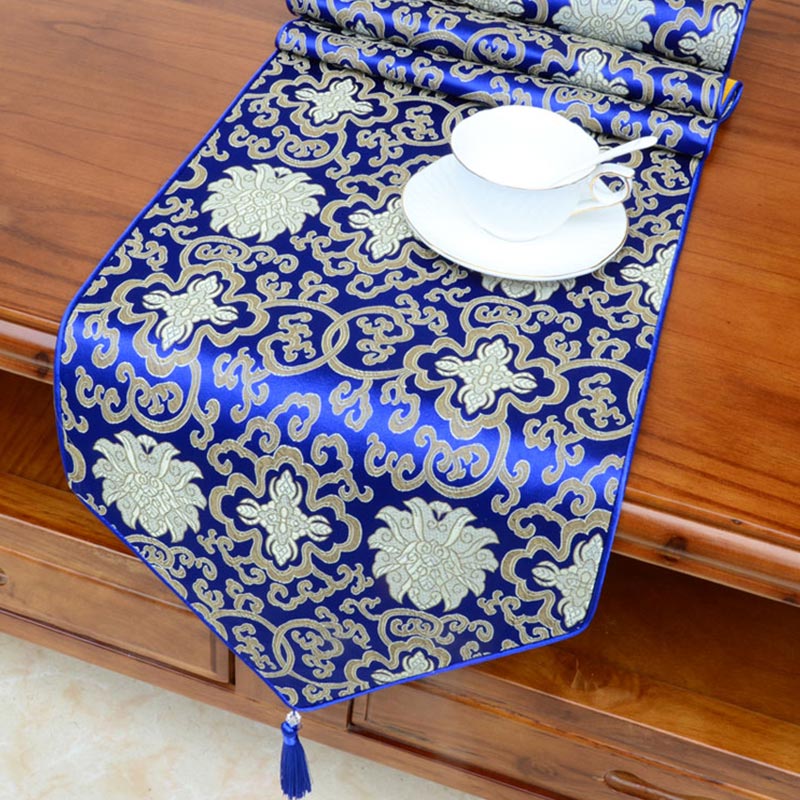 Prayer Altar Flower Vajra Dragon Pattern Tibetan Auspicious Symbols Tassels Jacquard Table Runner - Blue Flower - 200*33cm - image 4