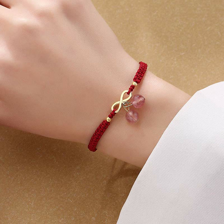 Buddha Stones Strawberry Quartz Crystal Endless Knot Love Healing Red String Weave Bracelet - image 7