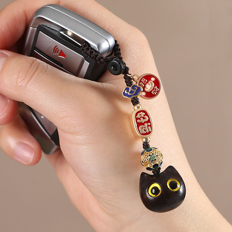Buddha Stones Ebony Wood Lucky Cat Auspicious Cloud Peace Key Chain Phone Hanging Decoration - image 5