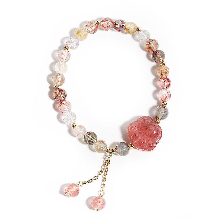 Buddha Stones Natural Strawberry Quartz Cat Paw Claw Colorful Rutilated Quartz Moonstone Love Bracelet - image 6