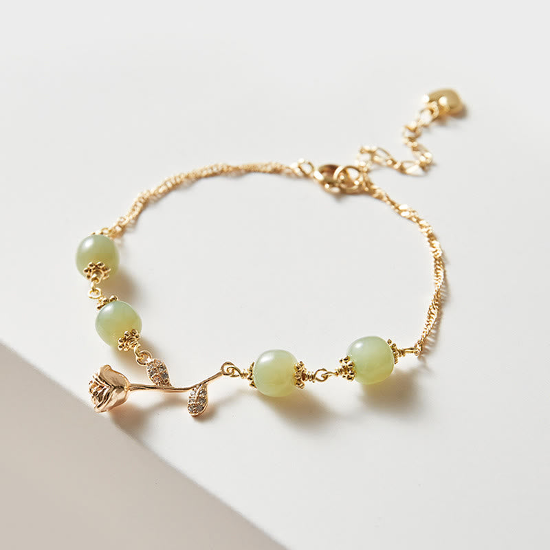 Buddha Stones 14K Gold Plated Hetian Jade Golden Rose Flower Luck Chain Bracelet - Jade(Prosperity♥Abundance)(Wrist Circumference 13-18cm) - image 0