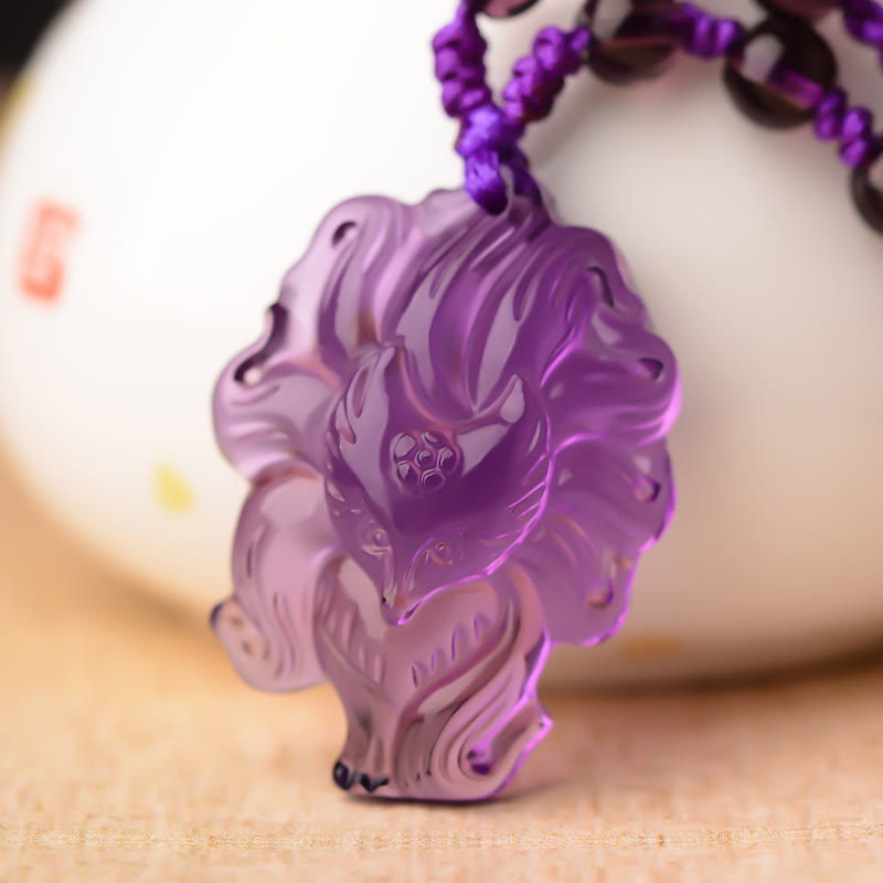 Buddha Stones Natural Amethyst White Crystal Citrine Nine Tailed Fox Luck Necklace Pendant - Amethyst(Inner Peace♥Healing) - Nine Tailed Fox - image 0