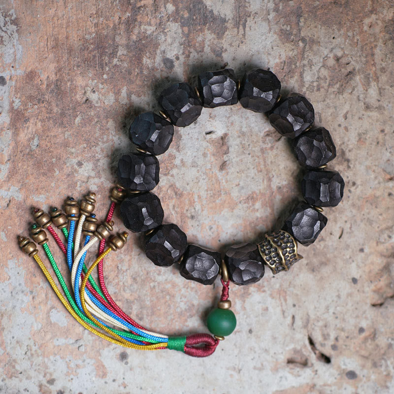 Buddha Stones Tibet Ebony Wood Copper Peace Tassel Wrist Mala Bracelet - 18cm - image 0