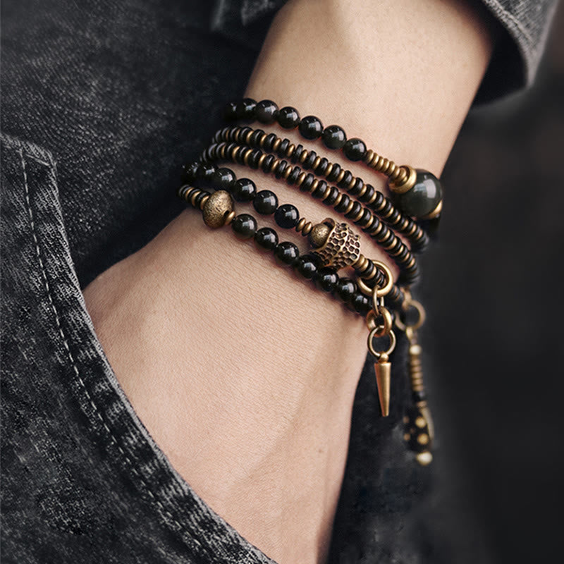 Buddha Stones Rainbow Obsidian Ebony Wood Copper Positive Multilayer Bracelet - image 10