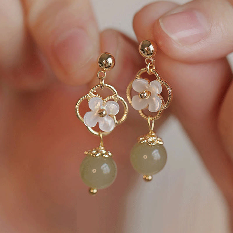 Buddha Stones Tridacna Stone Flower Jade Bead Blessing Drop Earrings - image 1
