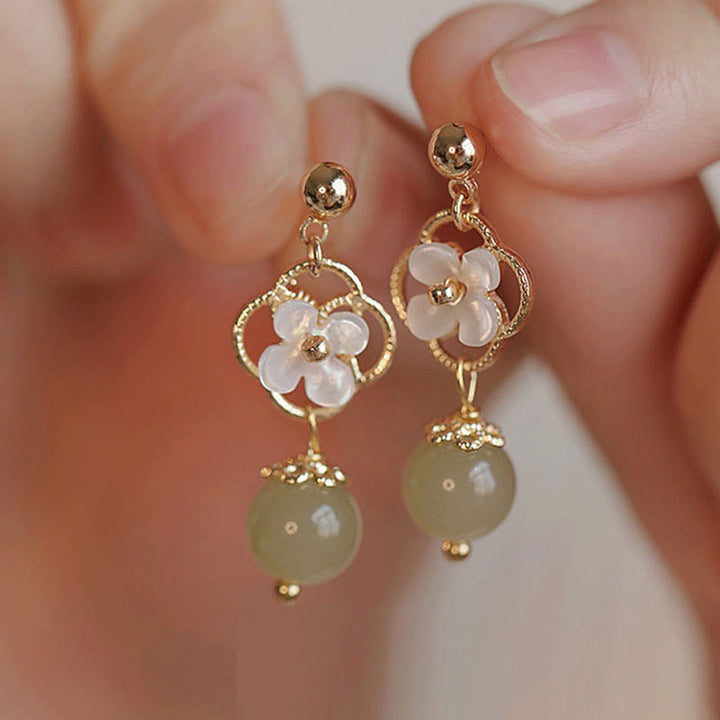 Buddha Stones Tridacna Stone Flower Jade Bead Blessing Drop Earrings - image 1