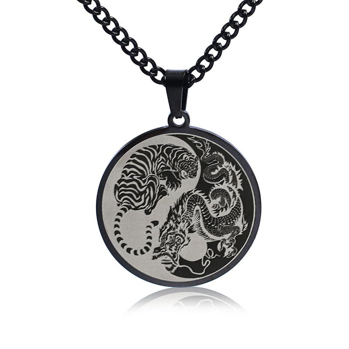 Buddha Stones Tiger Dragon Titanium Steel Chain Necklace Harmony Pendant - Black - image 2