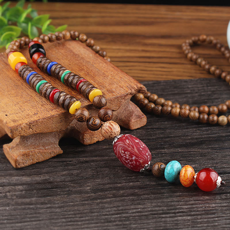 Buddha Stones Tibetan Wenge Wood Bodhi Seed Agate Balance Peace Necklace Pendant - Wenge Wood&Liuli Red Flower - image 9