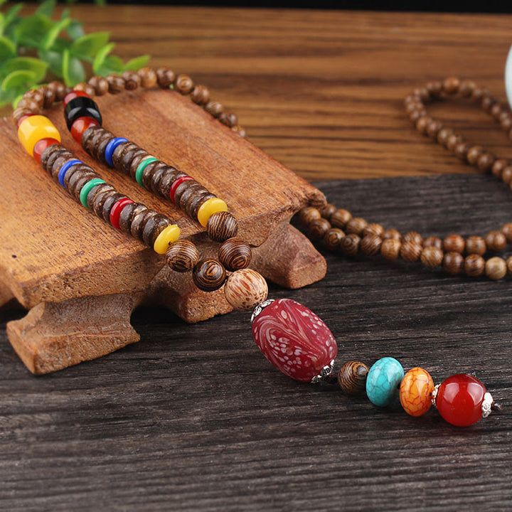 Buddha Stones Tibetan Wenge Wood Bodhi Seed Agate Balance Peace Necklace Pendant - Wenge Wood&Liuli Red Flower - image 9