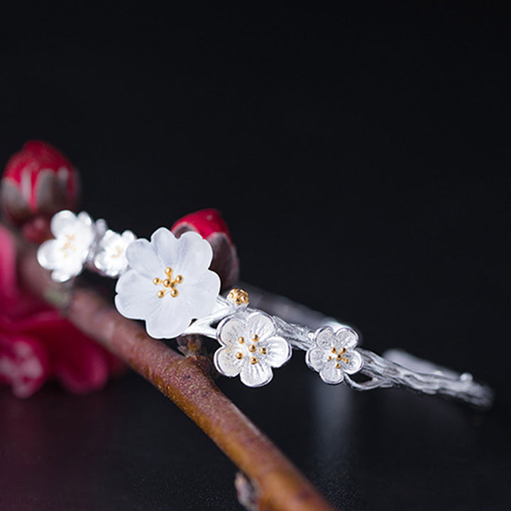 Buddha Stones 925 Sterling Silver Plum Flower Blessing Bracelet Adjustable Bangle - image 1