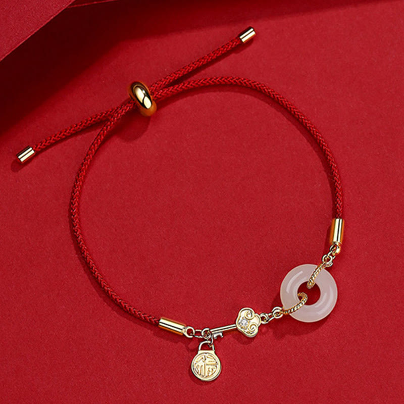 Buddha Stones 18K Gold Plated Hetian Jade Peace Buckle Fu Character Luck Red Rope Bracelet - image 1