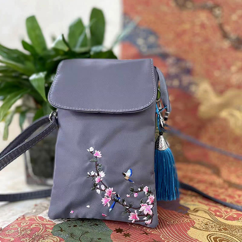 Buddha Stones Waterproof Handmade Embroidered Lotus Flowers Crossbody Bag Shoulder Bag Cellphone Bag - Gray Flower Bird - image 8