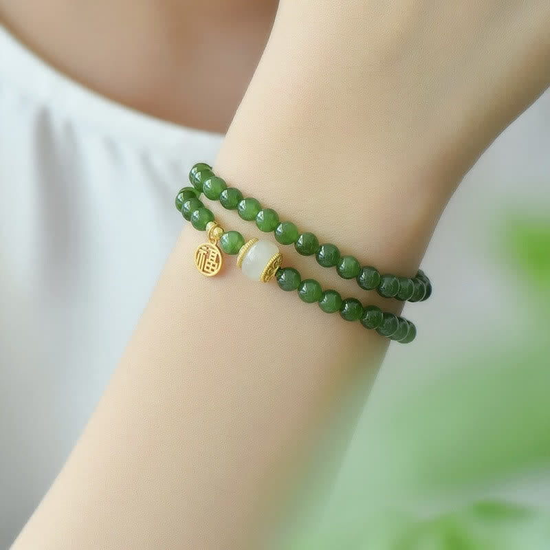 Buddha Stones Hetian Cyan Jade Happiness Blessing Bracelet - image 1
