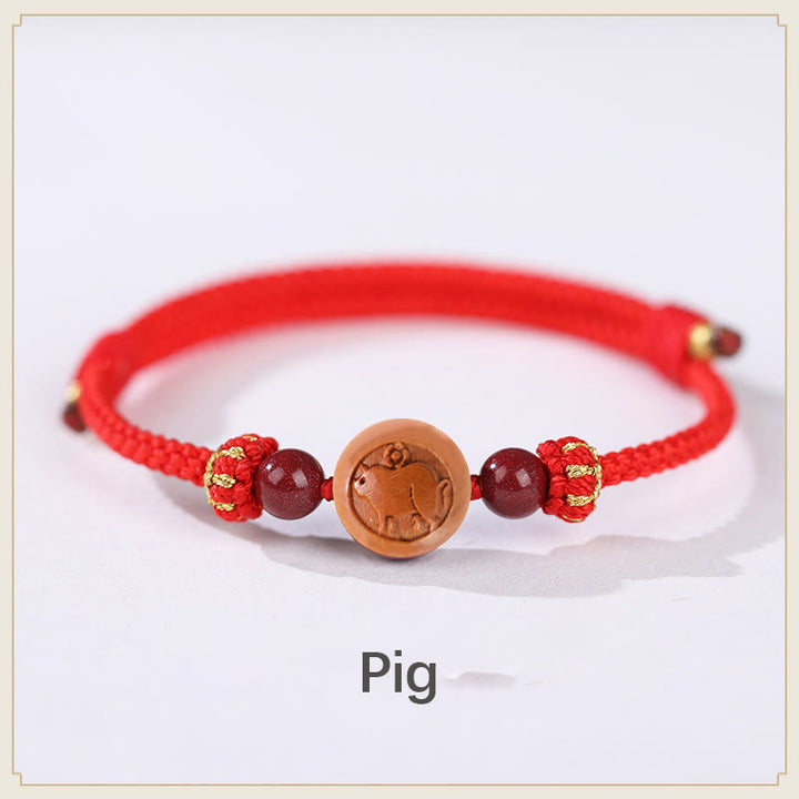 Buddha Stones Natural Peach Wood Chinese Zodiac Fu Character Carved Cinnabar Wealth Bracelet - Pig-Red(Wrist Circumference 14-18cm) - image 10