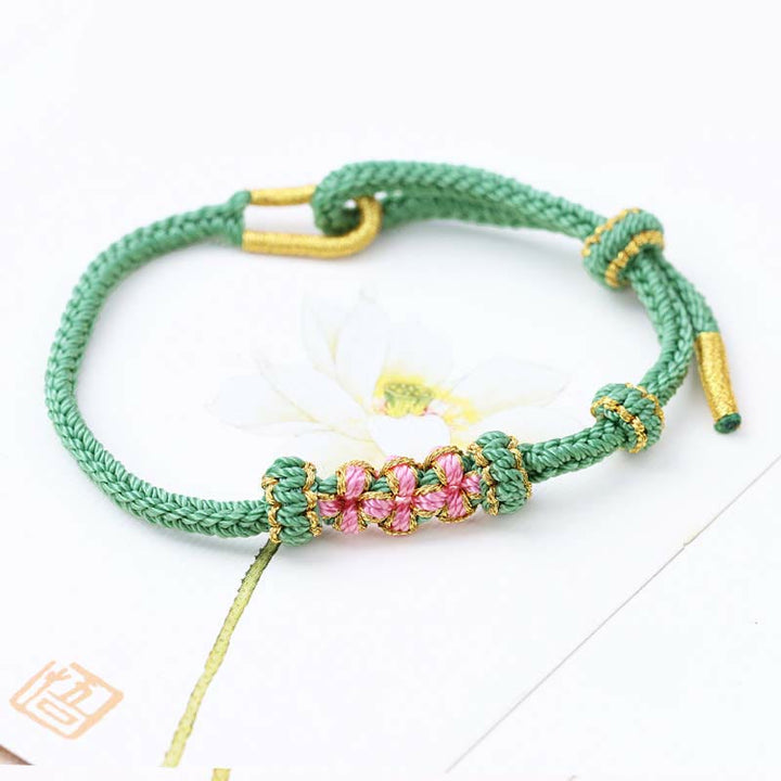 Buddha Stones Handmade Three Peach Blossoms Luck Eight Strands Braided String Bracelet - Light Green(Wrist Circumference 14-19cm) - image 4