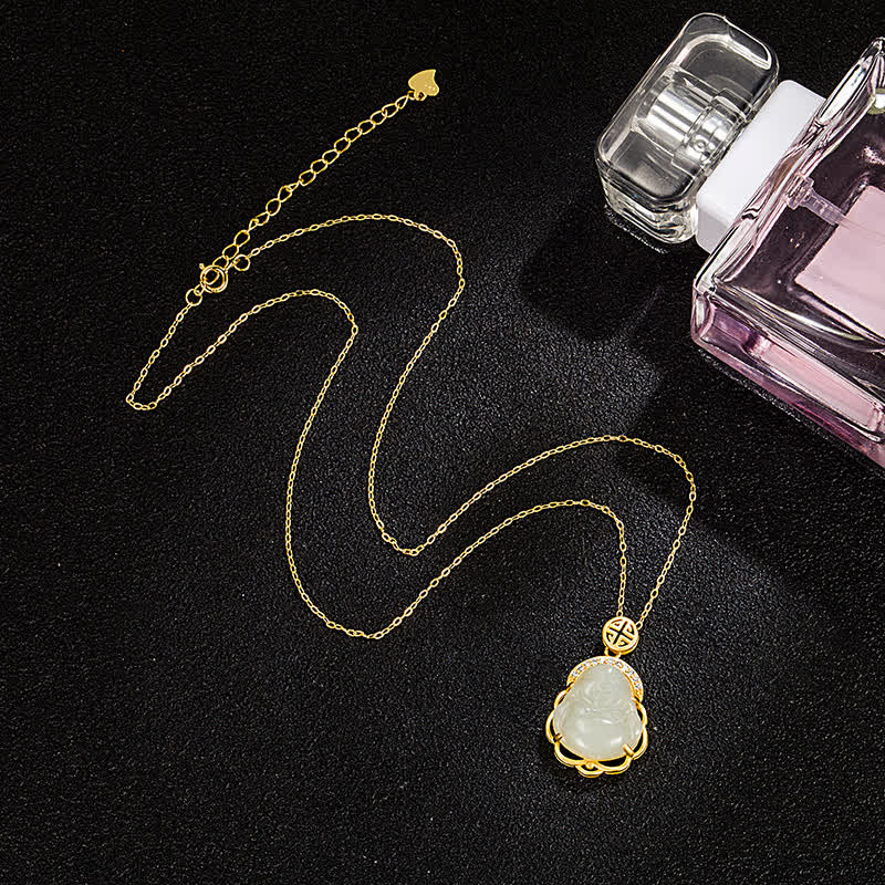 Buddha Stones 925 Sterling Silver Laughing Buddha Hetian White Jade Protection Necklace Pendant - image 4