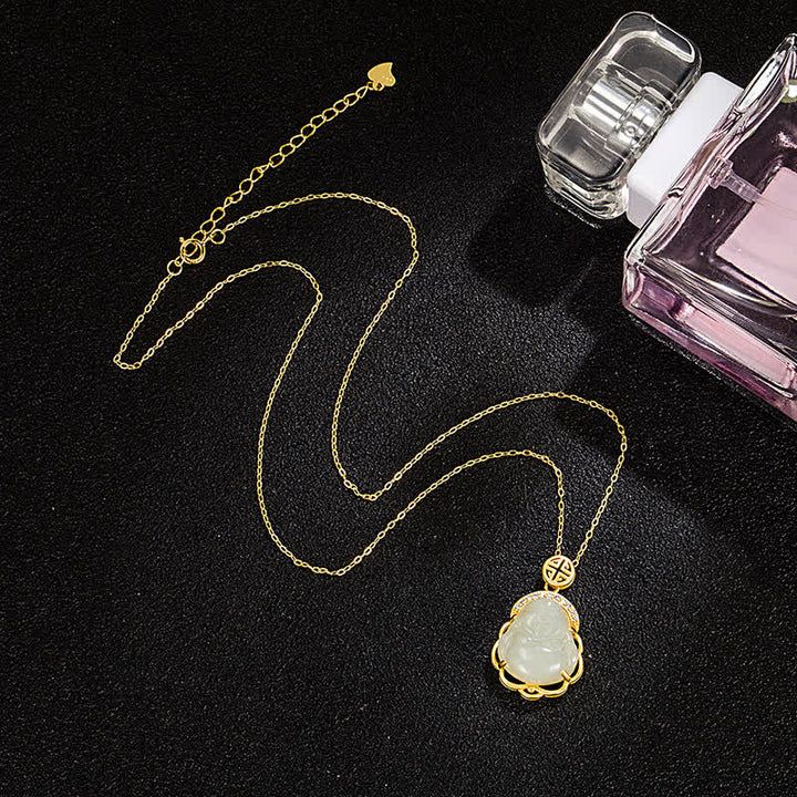 Buddha Stones 925 Sterling Silver Laughing Buddha Hetian White Jade Protection Necklace Pendant - image 4